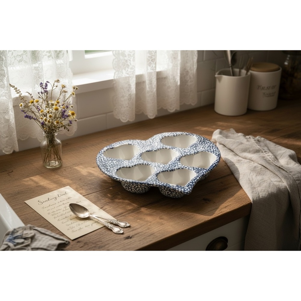 Vintage Heart Shaped Muffin Pan Blue White Spatterware Ceramic 6 Cup Large